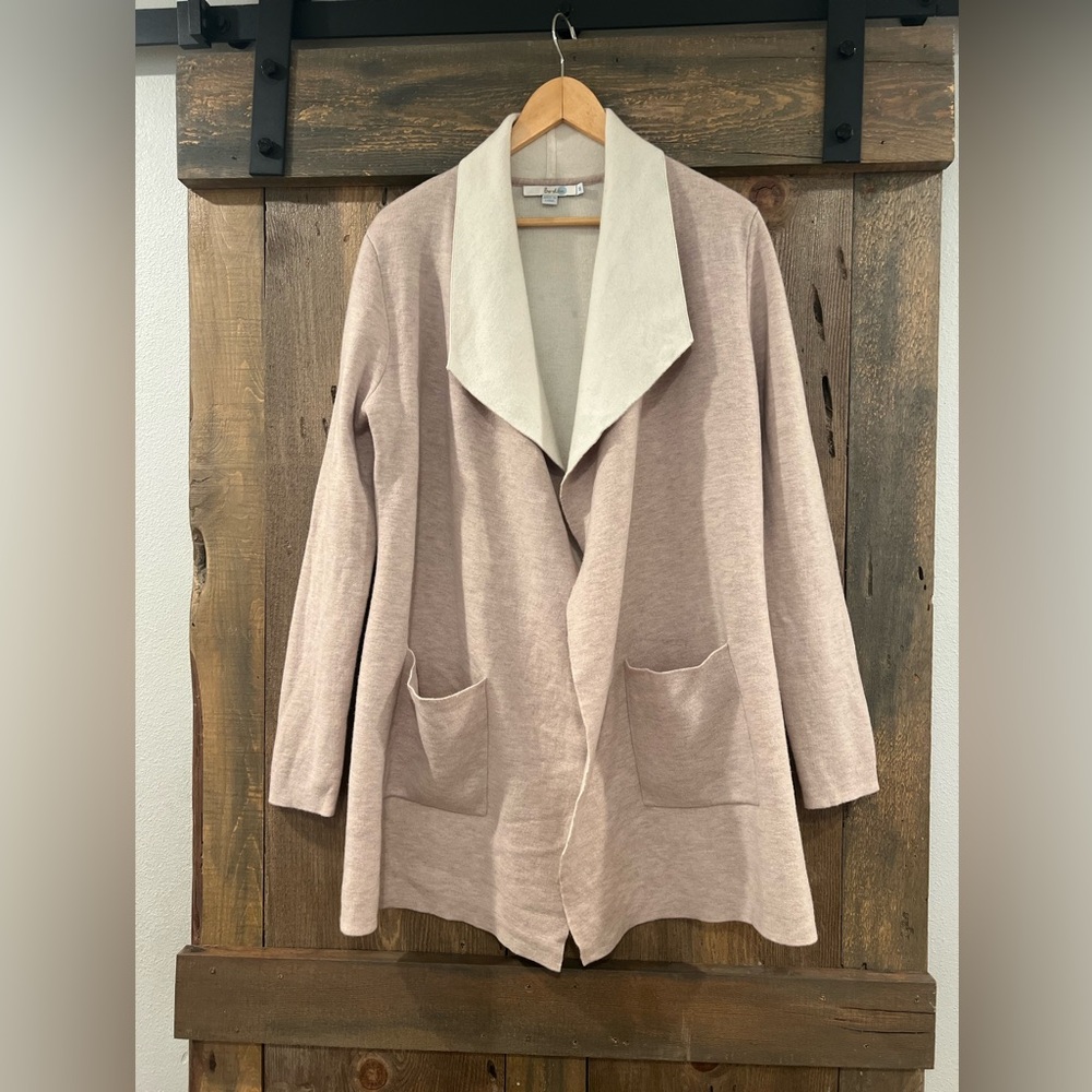 Boden Wool Blend Two Tone Ivory/Tan open-front cardigan sweater jacket Medium